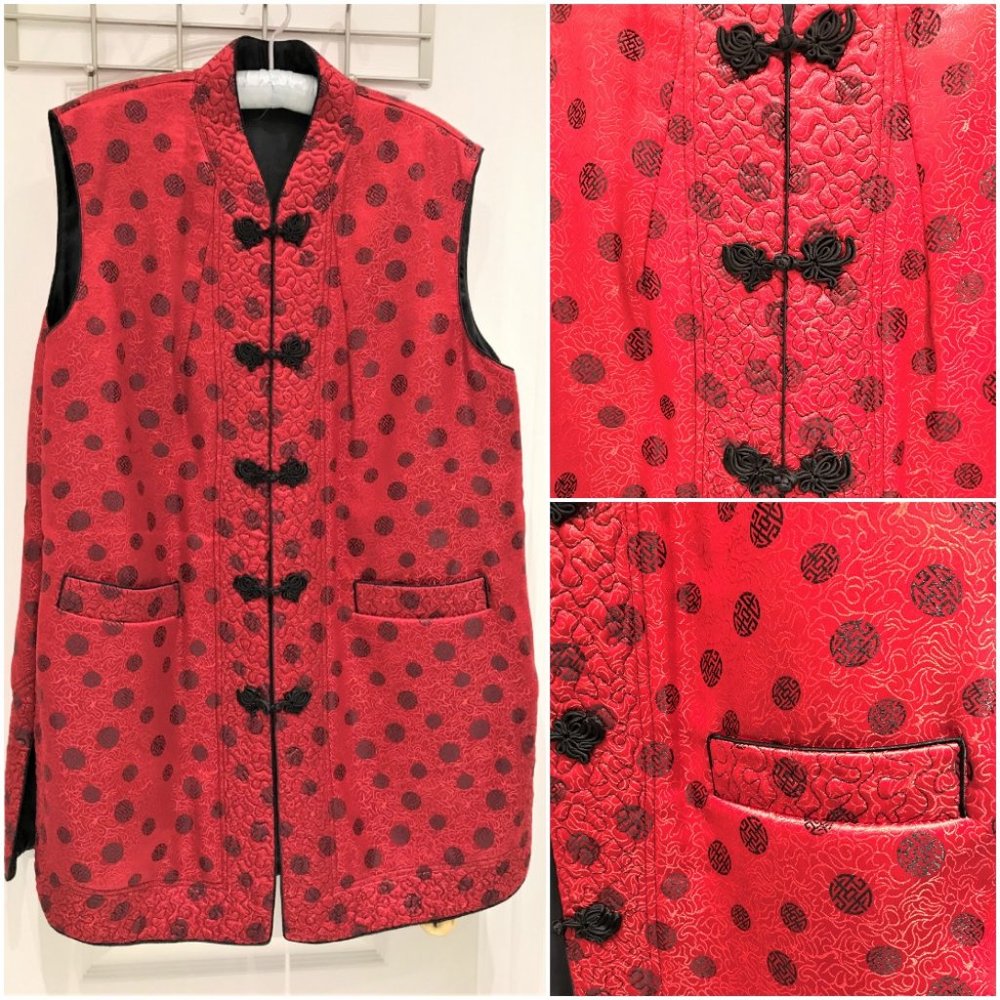 Chinese Long Brocade Vest Handmade Knot Buttons Luxurious Fabric Size XL
